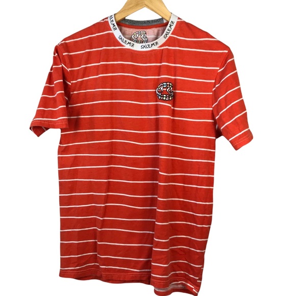 Salem7 Men's Short Sleeve White Orange Striped Embroidered Fangz T-Shirt - Picture 1 of 7